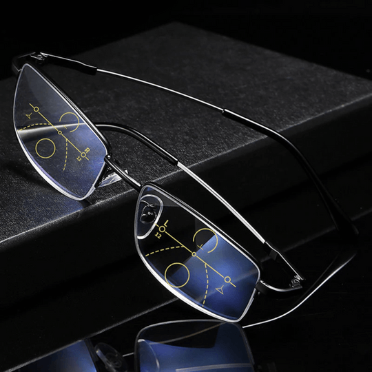 Unisex progressive reading glasses with multifocal lenses, blue light blocking, UV protection, & anti-glare for clear vision & eye comfort.