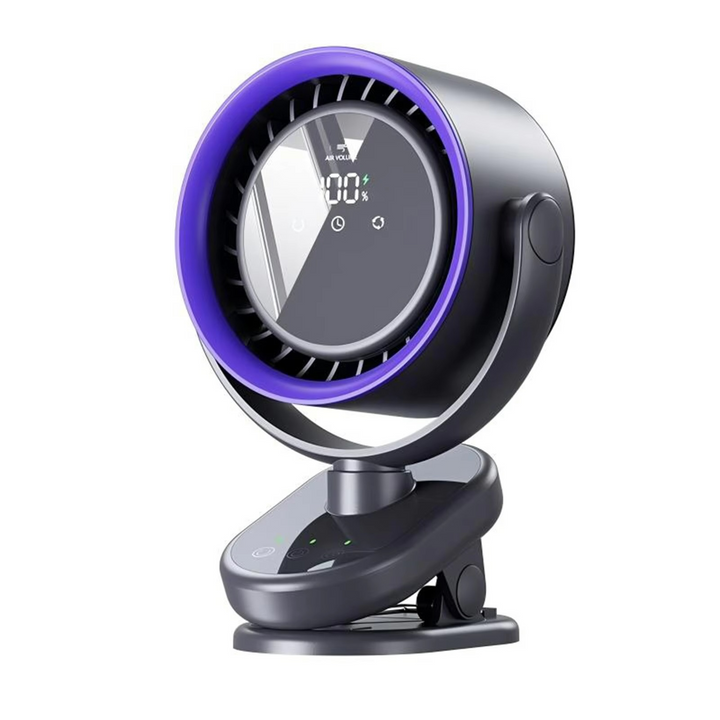 Personal oscillating fan with LED display, rechargeable for ultimate portability and comfort.