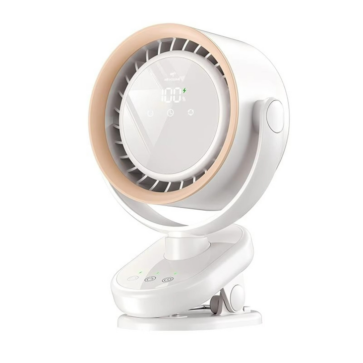 Modern portable fan for universal use, USB-C rechargeable with a clear LED display.