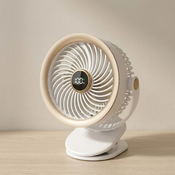 Cooling solution: mini portable fan, rechargeable, with LED display for precise control.