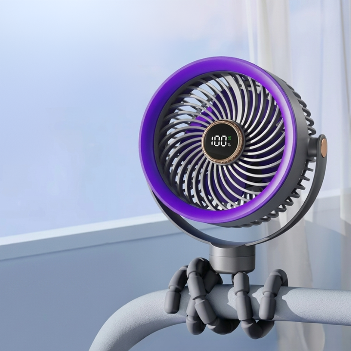 Compact USB-C rechargeable desk fan for home, office, or travel. Features LED display.