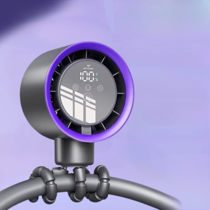 Travel-friendly personal cooling fan with LED display and long-lasting rechargeable battery.