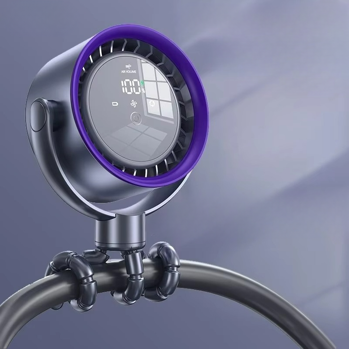 Oscillating portable fan with bright LED display, ideal for powerful personal cooling.