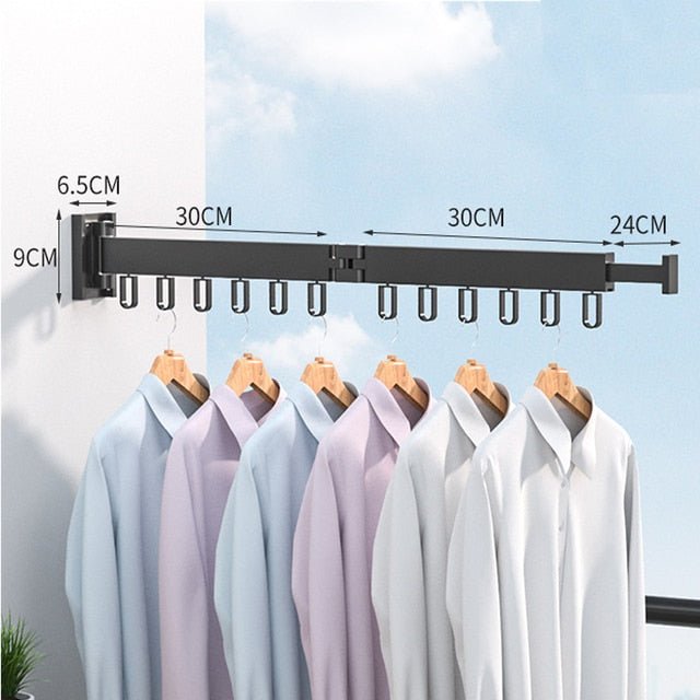 Wall-mounted foldable drying rack, shown extended for use & folded for storage. Space-saving laundry solution.