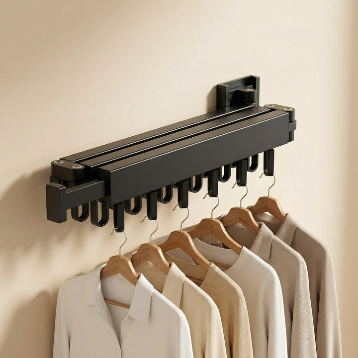 Space-saving foldable drying rack, perfect for apartment living & small laundry rooms. Retractable design.