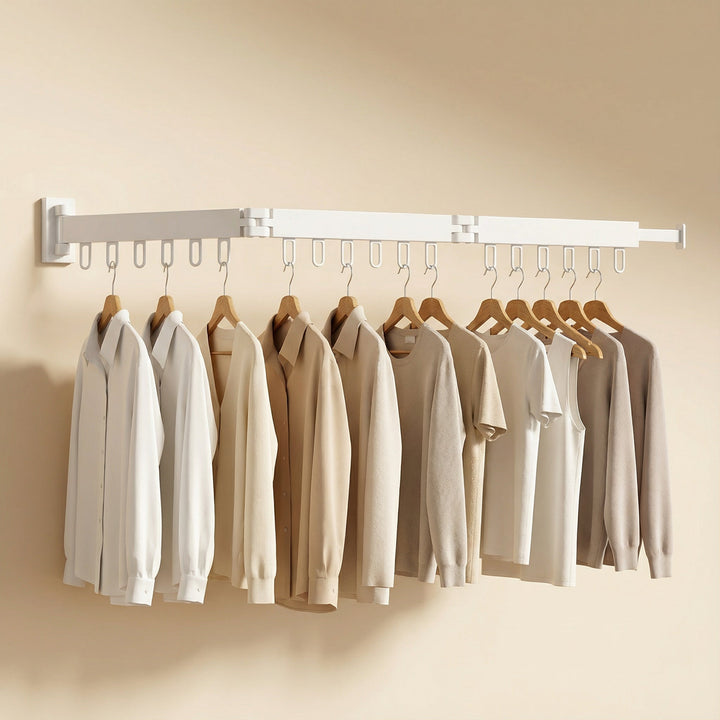 Compact wall-mounted drying rack, folded flat to save space in a laundry room. Retractable & sleek.