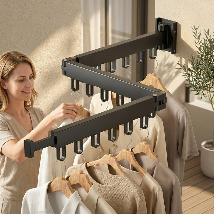 Easy-to-install retractable drying rack for clothes, ideal for home organization in any indoor/outdoor space.