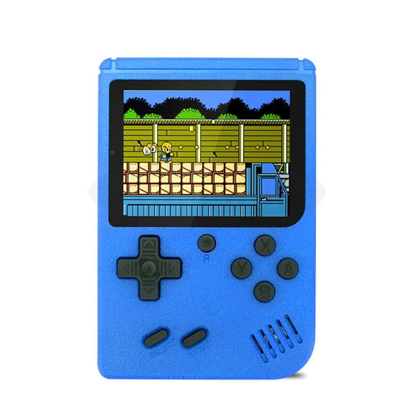 Sleek retro handheld console showing screen with a classic 8-bit game, offering portable entertainment.
