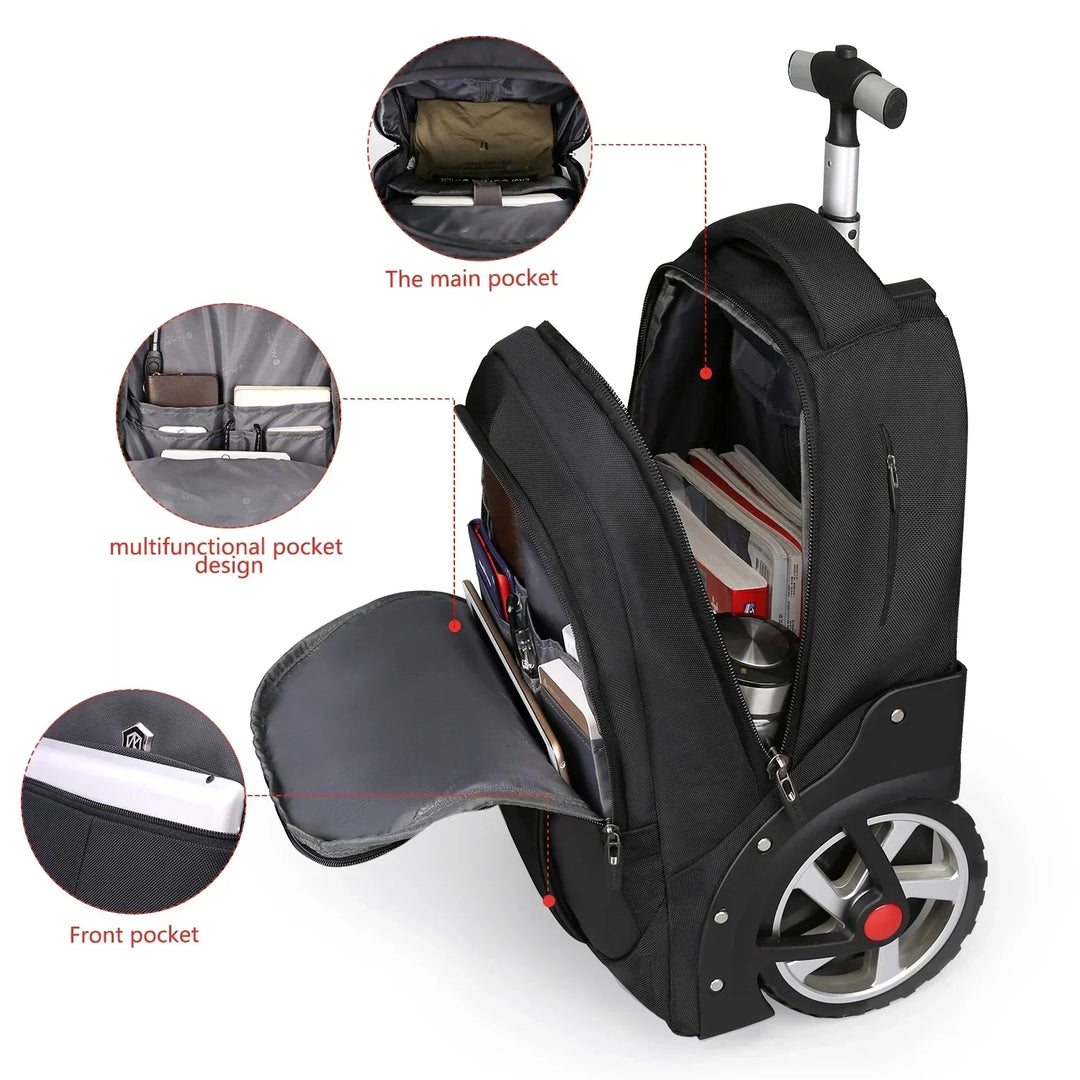 Sleek carry-on trolley backpack, perfect travel luggage for men & women, with secure padded laptop compartment.
