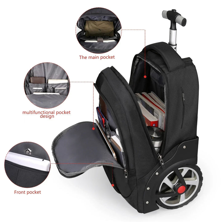 Sleek carry-on trolley backpack, perfect travel luggage for men & women, with secure padded laptop compartment.