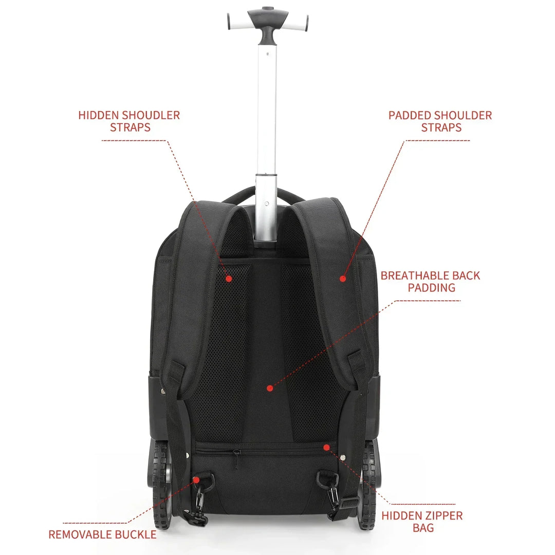 Professional rolling business bag with dedicated padded laptop sleeve, versatile for work travel & daily commute.