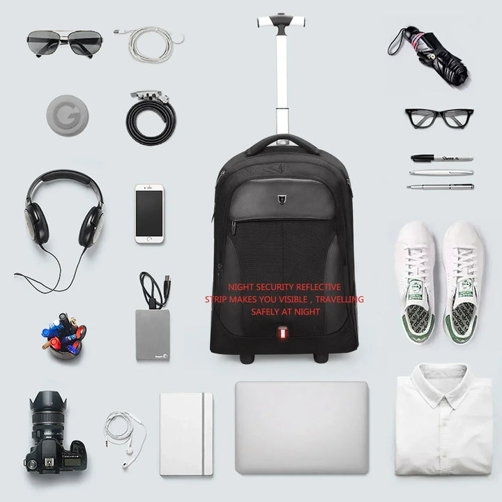 Multifunctional unisex travel backpack, converts from rolling luggage to shoulder bag for school or weekend use.