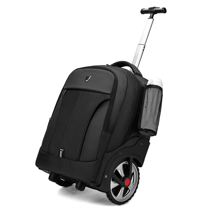 Durable unisex rolling laptop backpack, 3-in-1 design for seamless travel & business, features strong wheels & handle.