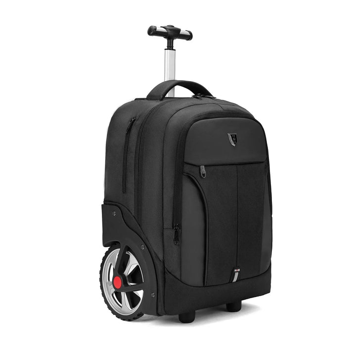 Stylish black laptop travel bag with wheels, suitable as a carry-on or school bag for students & professionals.