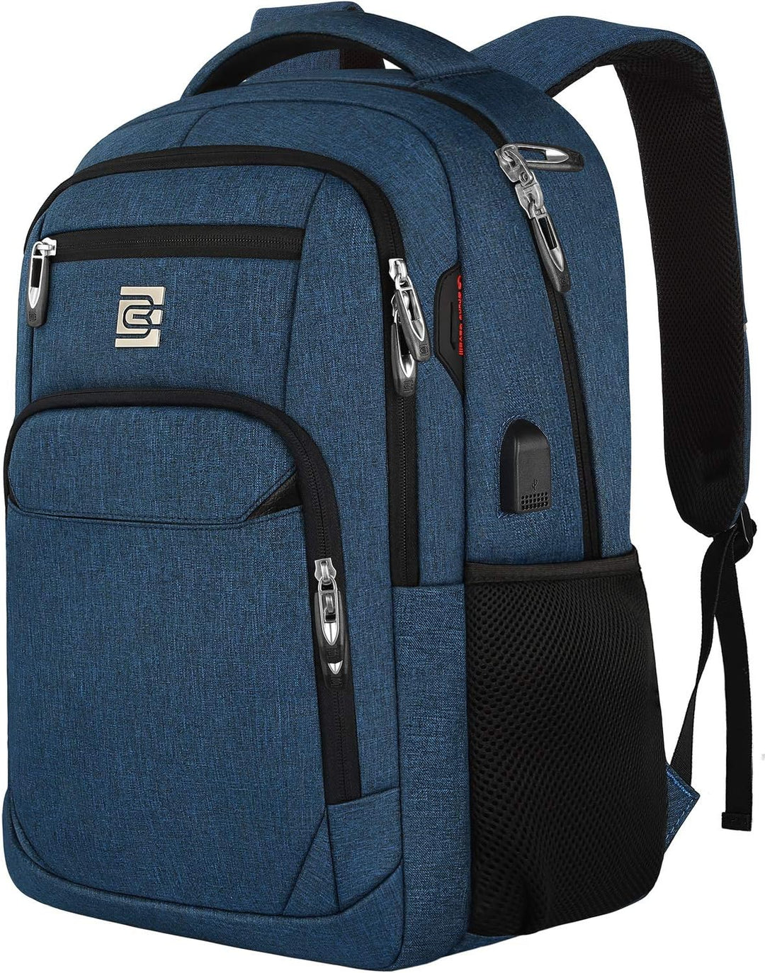 Interior shot: spacious anti-theft laptop backpack with multiple compartments & USB cable.