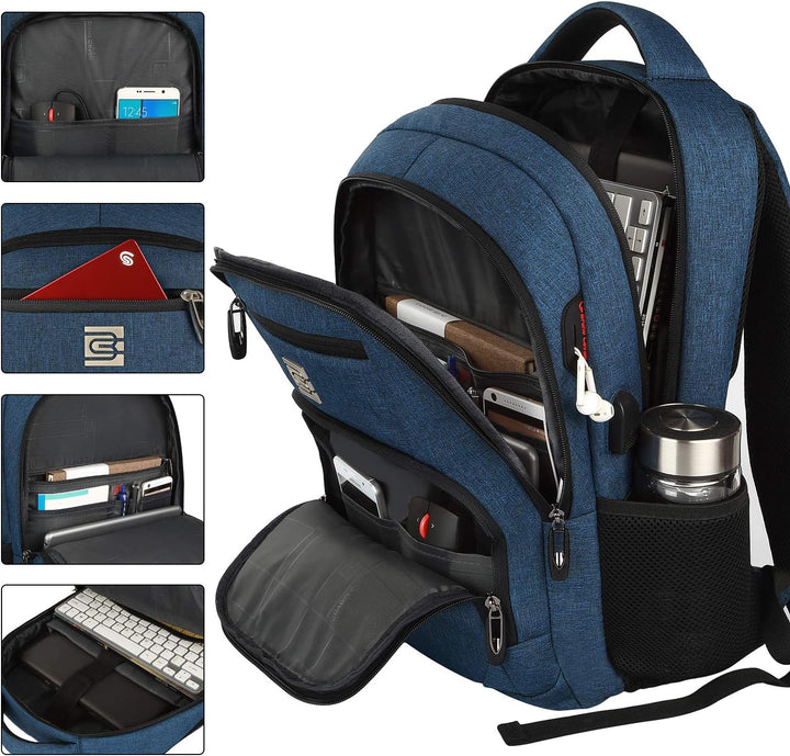Person wearing a slim anti-theft laptop backpack, ideal for urban commuting.