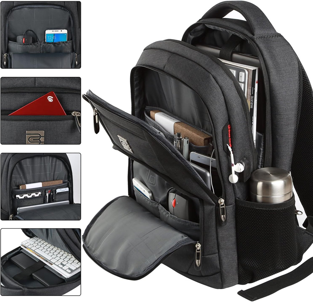 Hidden zipper detail on a unisex anti-theft laptop backpack with USB charging.