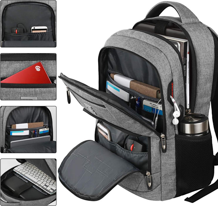 Organizational features of a slim anti-theft laptop backpack, with many pockets & USB.