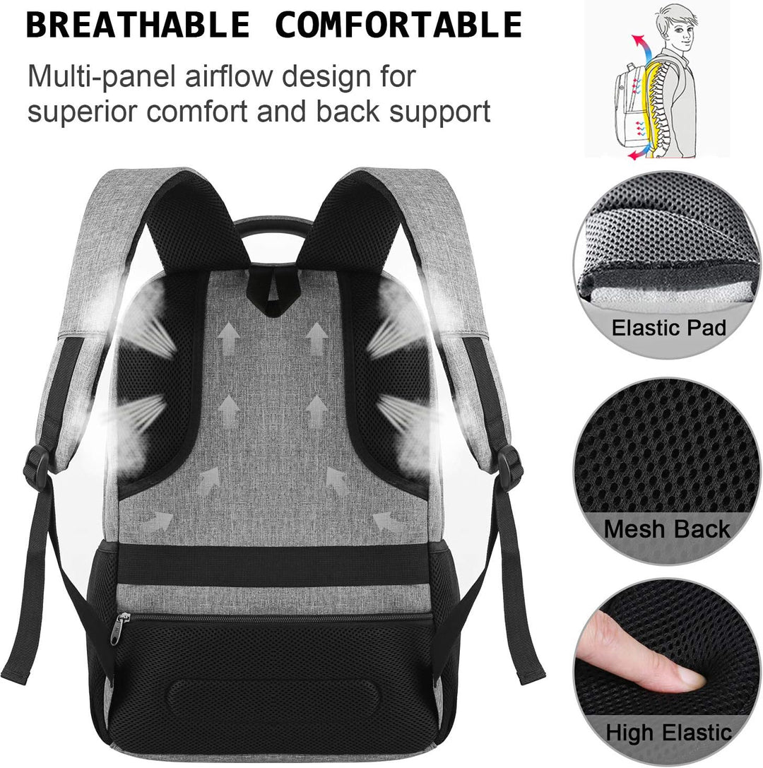Black slim anti-theft backpack, a modern work and travel bag with USB capabilities.