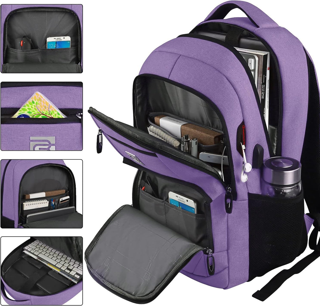 Front view of a slim anti-theft laptop backpack with USB charging port.