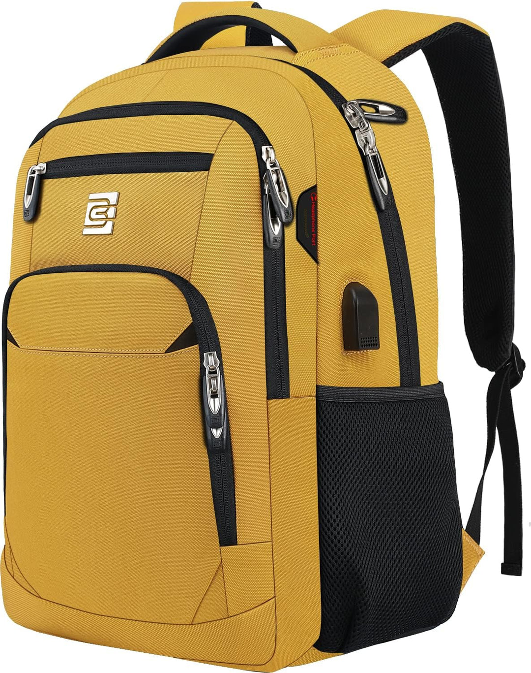 Side view: unisex anti-theft travel backpack, showcasing USB charger & hidden pocket.