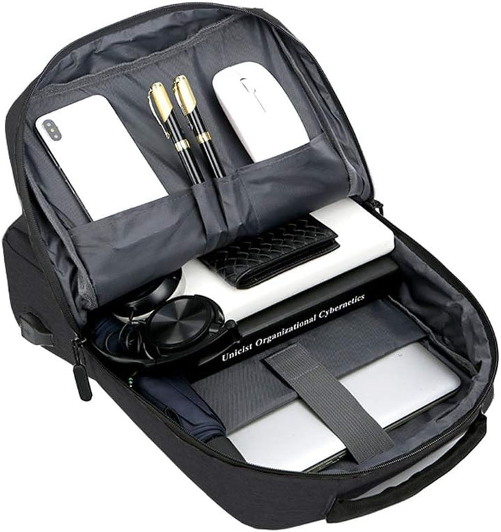 Durable waterproof backpack protects your laptop & essentials. Slim design, USB charging for any weather.