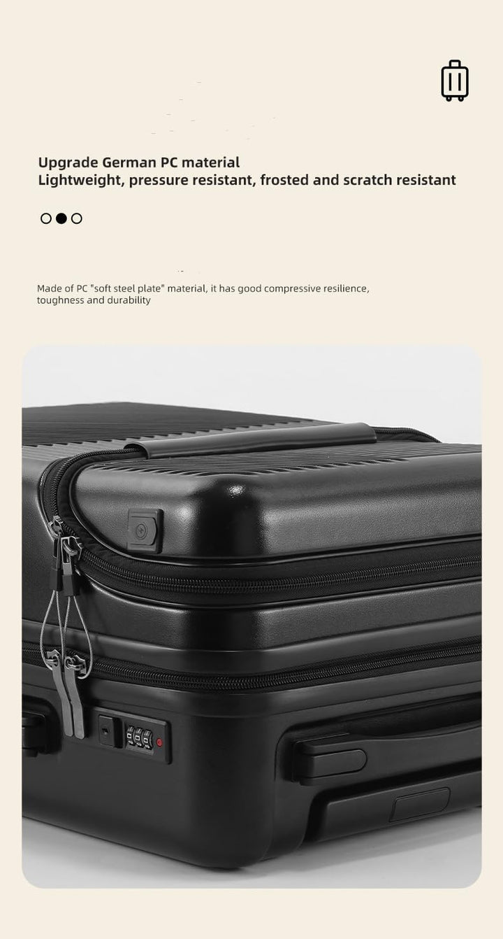 Unisex smart carry-on luggage: hardshell, USB charging port, TSA lock, spinner wheels, compact travel bag.