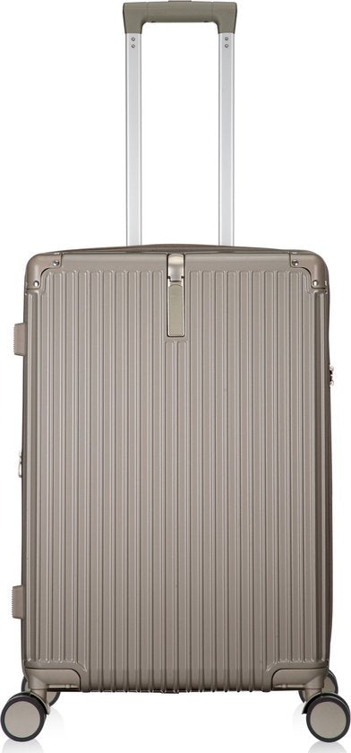 Easy travel with this hard shell spinner luggage. USB charging, cup holder, and expandable storage.