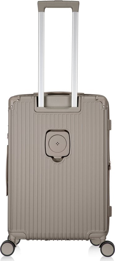 Sleek Mykonos hard shell suitcase. Unisex design with USB-A & cup holder for modern, durable travel.