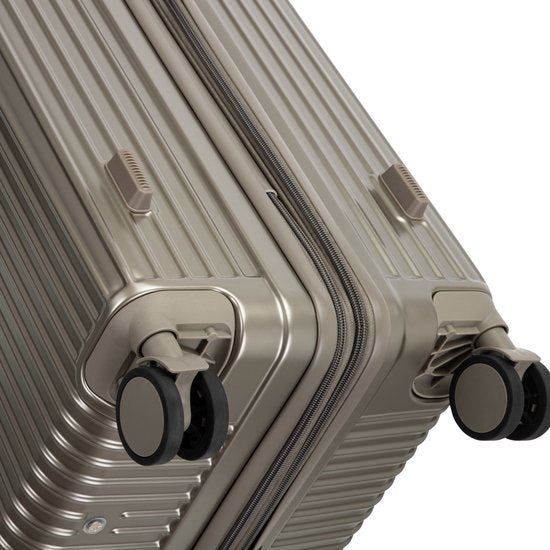 Unisex hard shell spinner suitcase with smooth wheels, USB charging, & cup holder for easy travel.