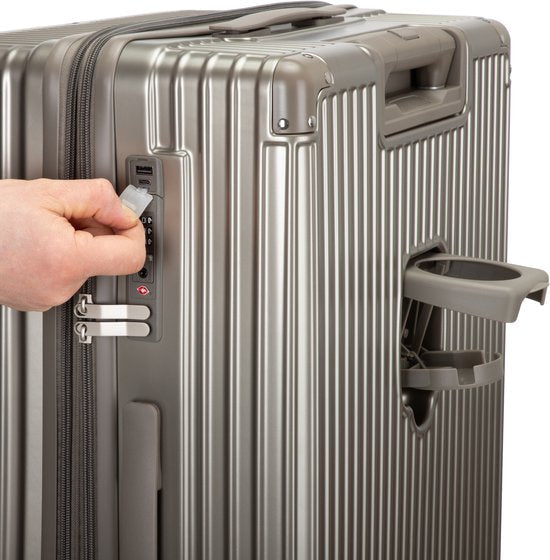 Modern travel: Mykonos hard shell suitcase with USB charging port & cup holder for tech-savvy travelers.