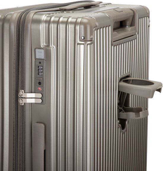 Practical hard shell suitcase. Unisex design, USB charging, and cup holder for stress-free journeys.