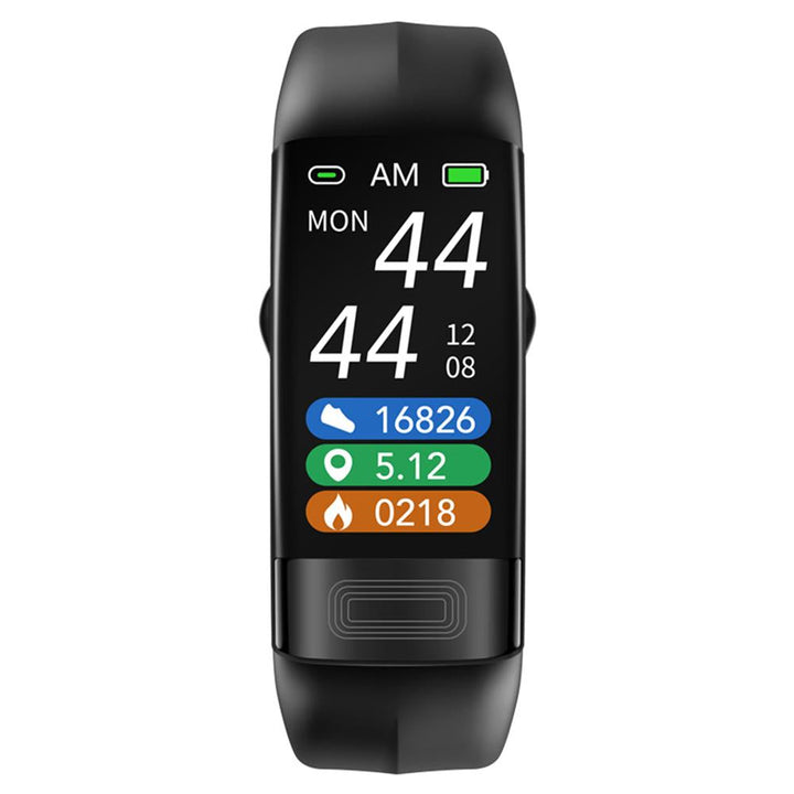 Smart band displaying health data: sleep tracker, activity monitor, and notifications on a black strap.