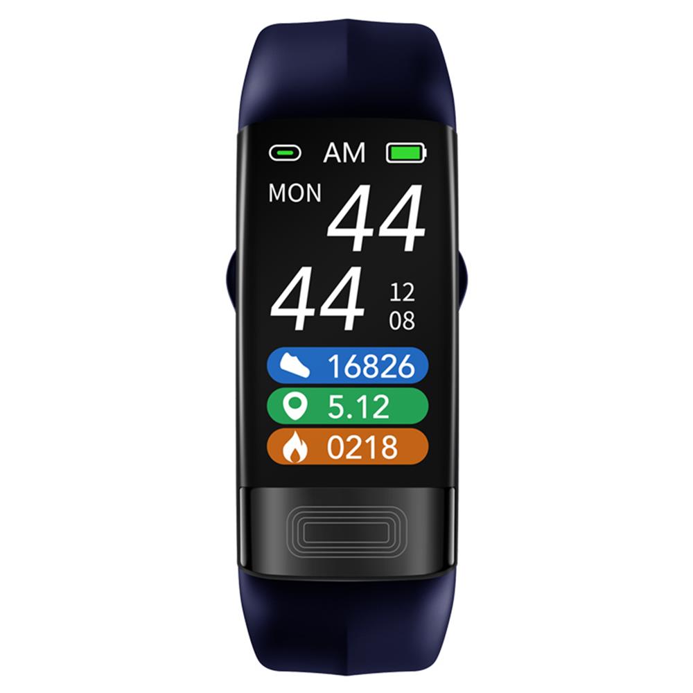 ECG monitor smartwatch in black, tracking sleep, steps, and activity for comprehensive daily health insights.