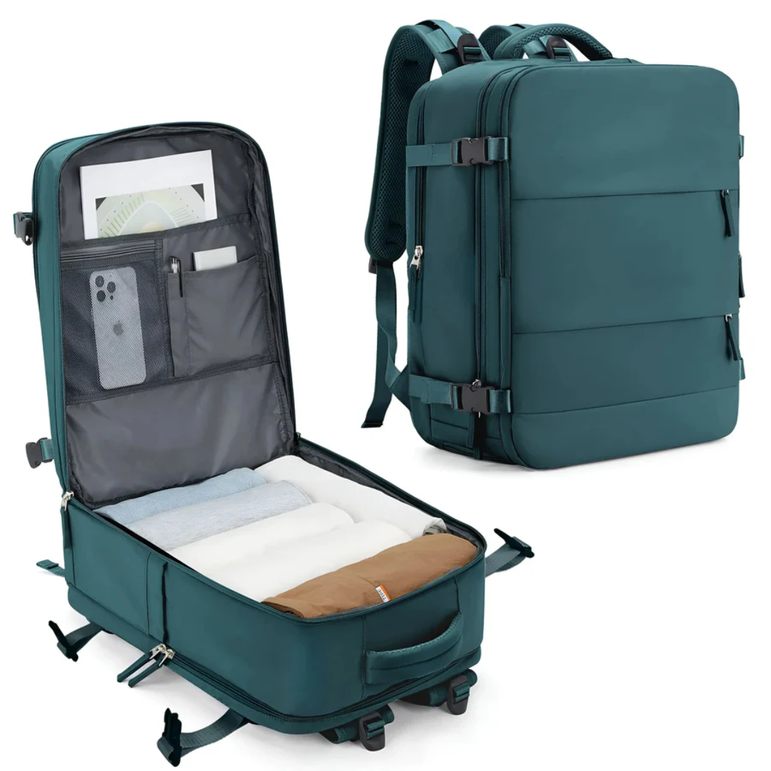 Green stylish unisex carry-on bag, spacious hand luggage suitcase for compact and organized airport travel.