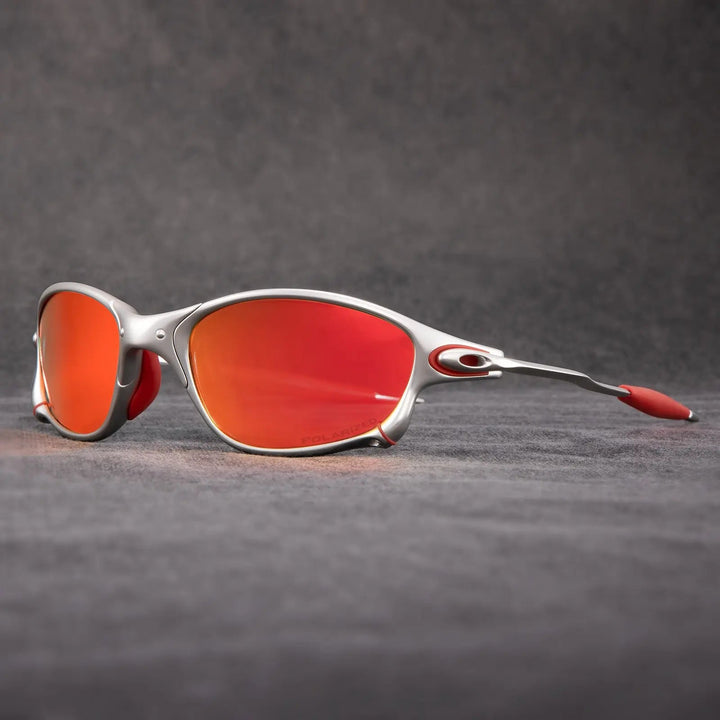 Unisex sporty polarized sunglasses with lightweight metallic frame and vibrant red lenses, offering UV400 protection.