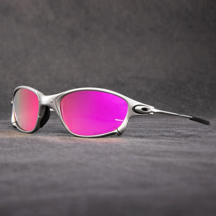 Red lens polarized sunglasses, perfect for sports. Lightweight metallic frame ensures durable, glare-reducing eye protection.