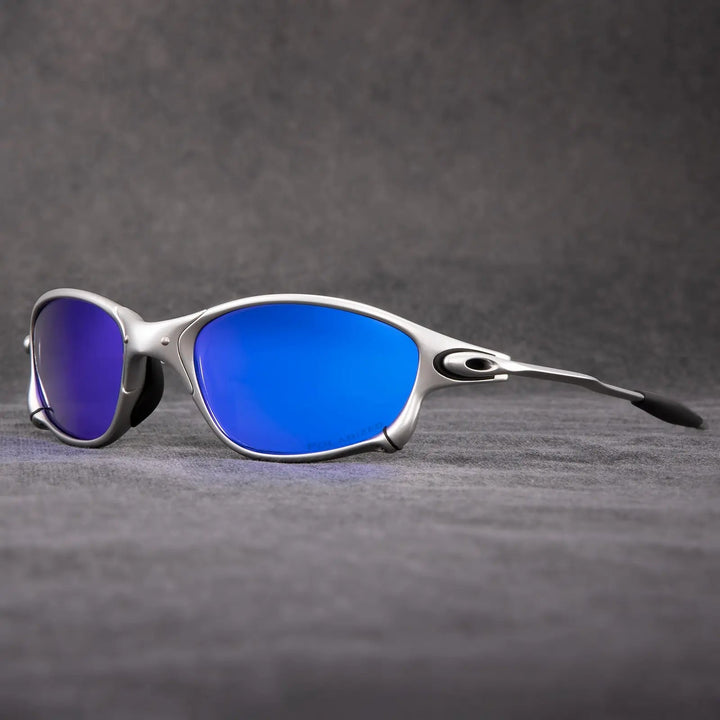 Stylish sporty polarized sunglasses with a sleek metallic frame and red lenses, ideal for driving & cycling. UV400.