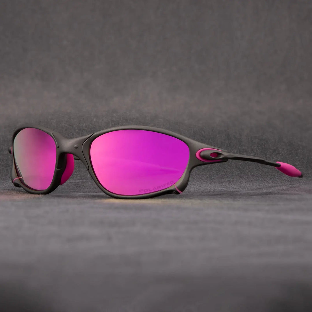 Lightweight unisex sporty sunglasses featuring red polarized lenses and a durable metallic frame for glare reduction.