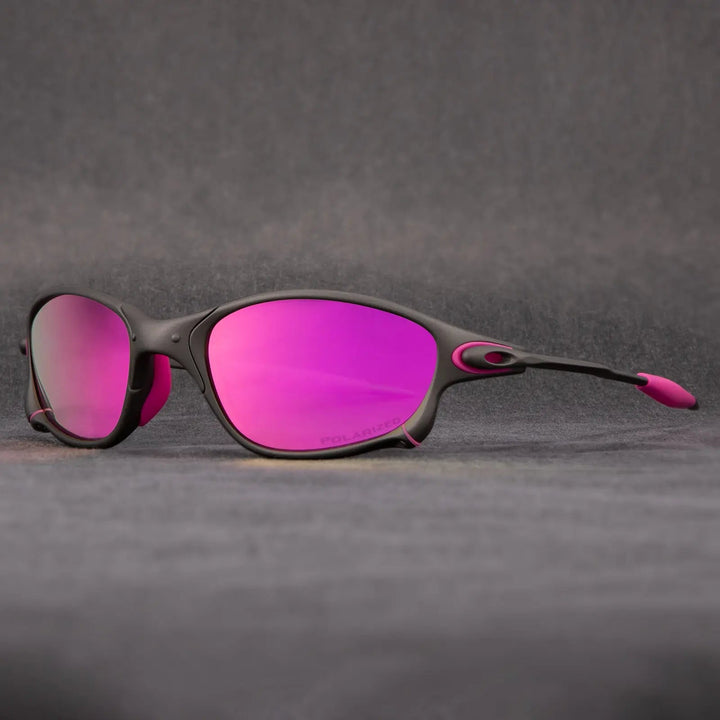 Lightweight unisex sporty sunglasses featuring red polarized lenses and a durable metallic frame for glare reduction.