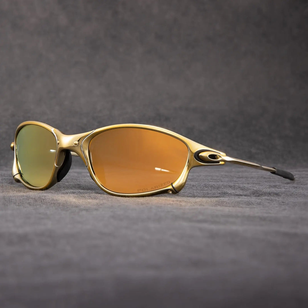 Close-up of red polarized lenses on a metallic frame, highlighting the sleek design of these sporty sunglasses.