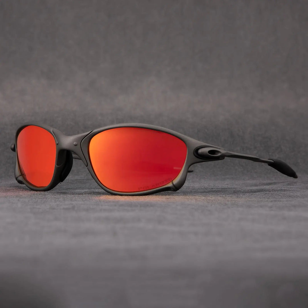 Durable metallic frame sporty sunglasses with red polarized lenses, providing ultimate UV400 protection for active wearers.