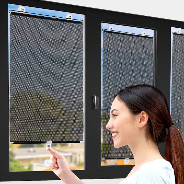 Unisex sun-blocking roller blind for windows, no-drill easy install. Provides privacy & heat reduction.