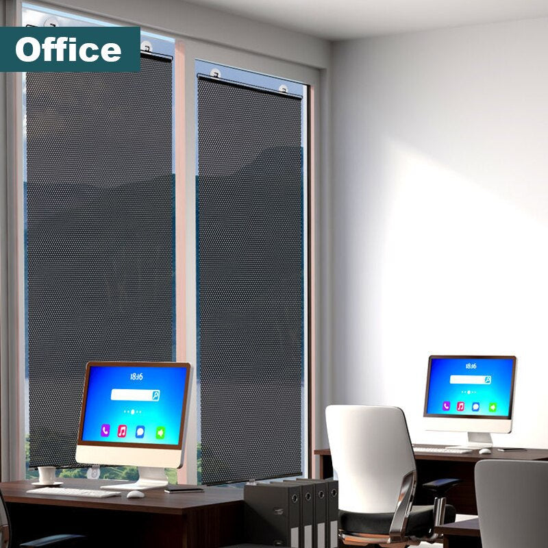 Adhesive polyester roller blind, no drilling needed for quick, easy window installation. Blocks sun & UV.