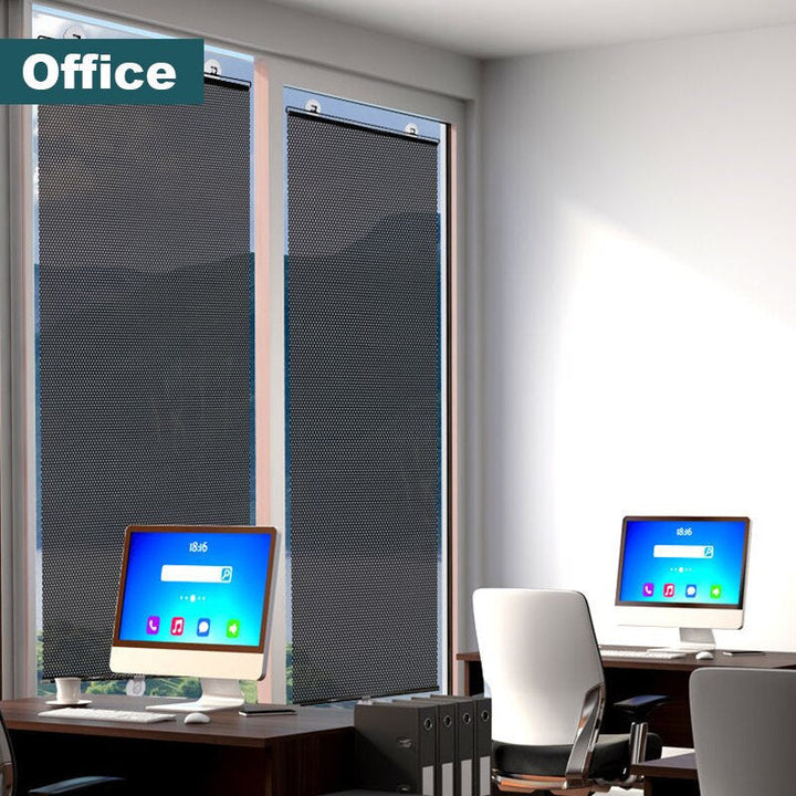 Adhesive polyester roller blind, no drilling needed for quick, easy window installation. Blocks sun & UV.