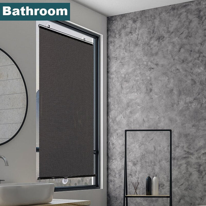 Sleek roller blind with no-drill adhesive mount. Provides sun blocking, privacy screen, & home decor.