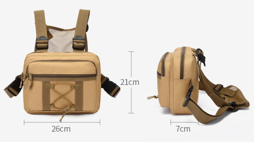 Water-resistant multi-pocket tactical chest bag for outdoor utility and adventure.