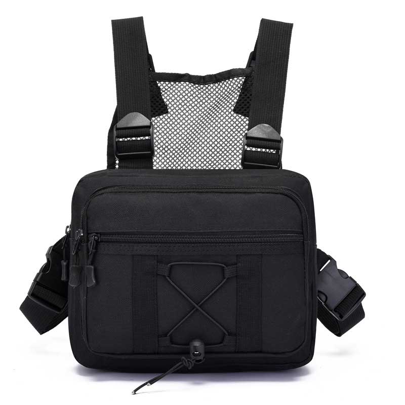Heavy-duty tactical chest rig, water-resistant & multi-pocket for outdoor adventures.