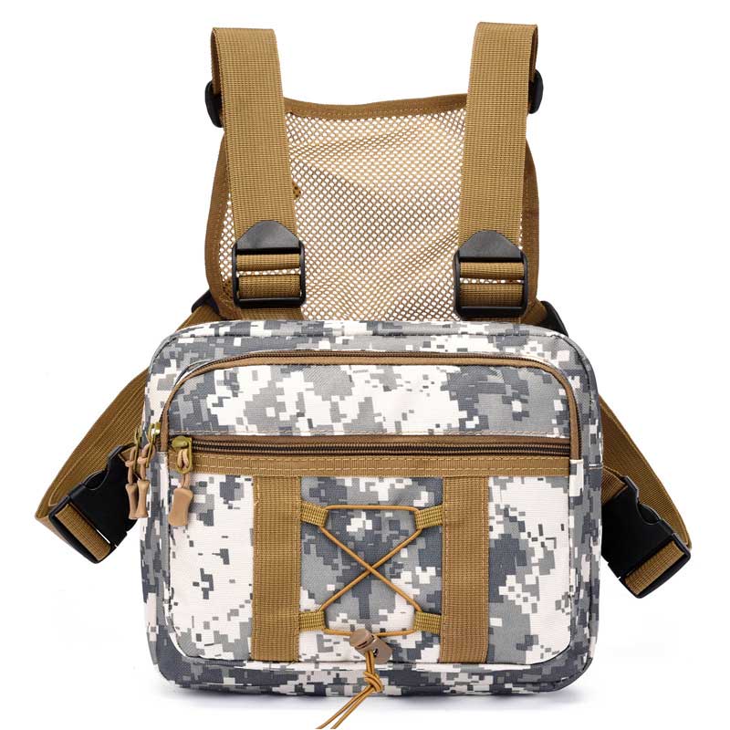 Unisex tactical utility chest rig for hiking and outdoor travel, multi-pocket design.