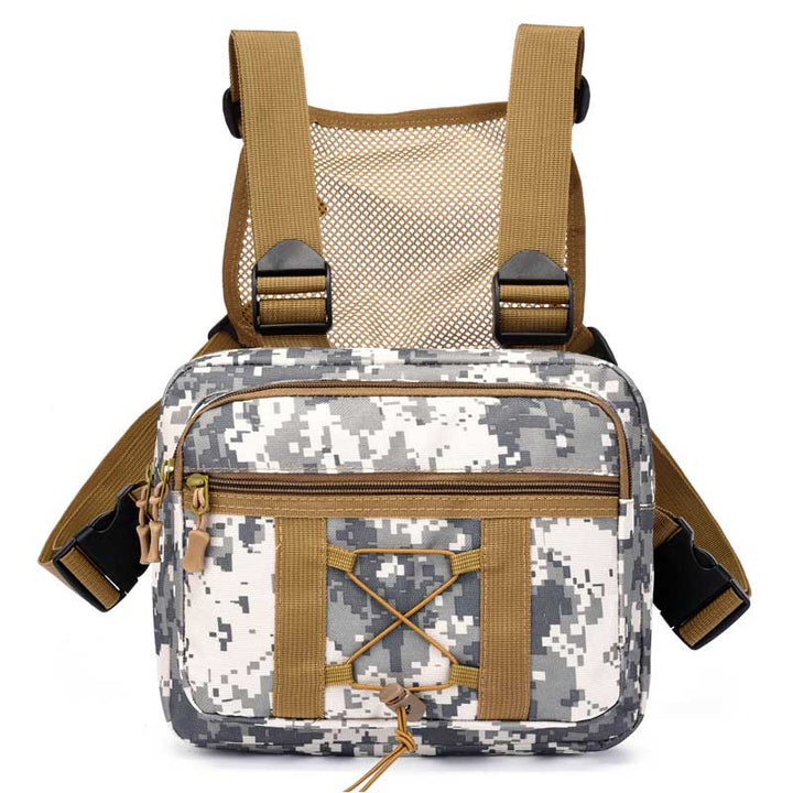 Unisex tactical utility chest rig for hiking and outdoor travel, multi-pocket design.